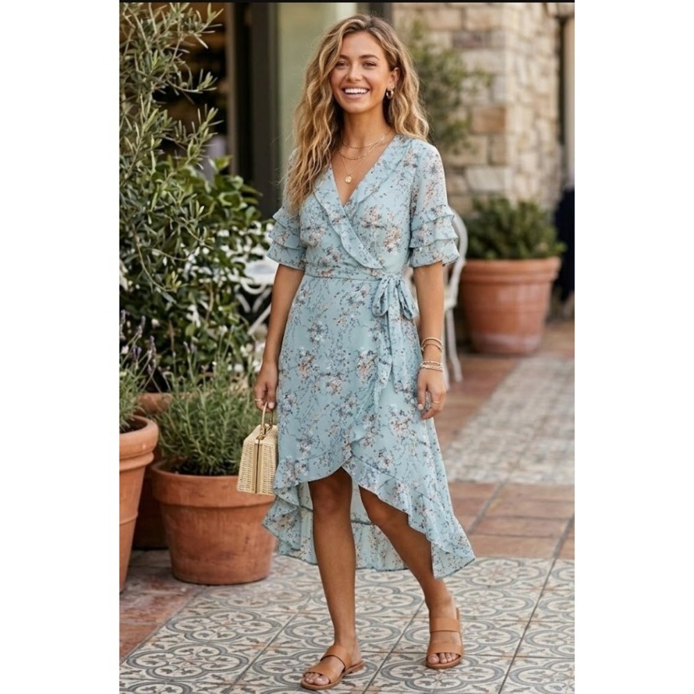 Vintage Dex‎ Floral Chiffon Ruffle Wrap Dress Blue Botanical Tiered Sleeve
